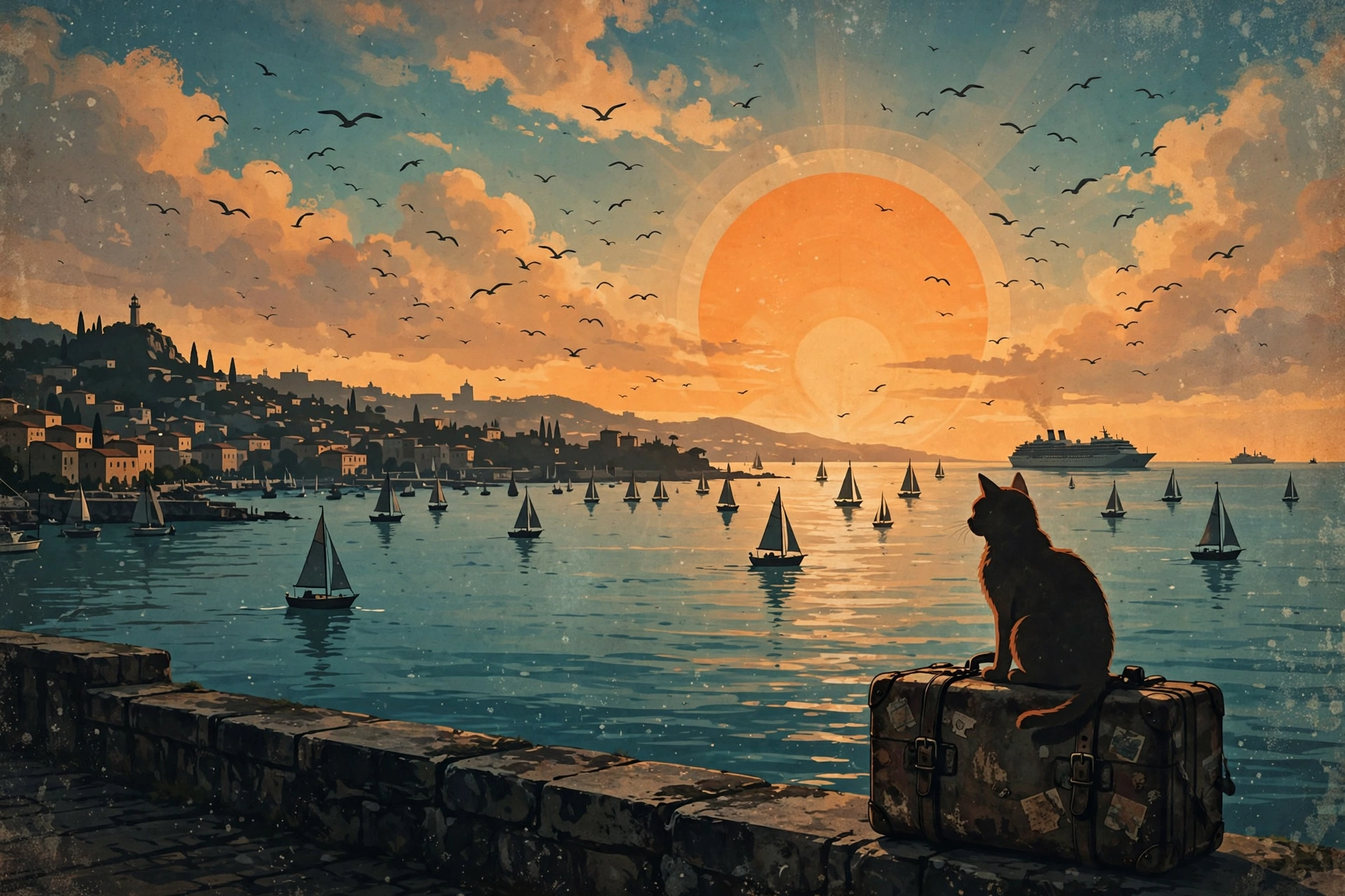 Gigglefeet the cat sitting on a suitcase, watching the sun set over a Mediterranean harbor full of sailboats