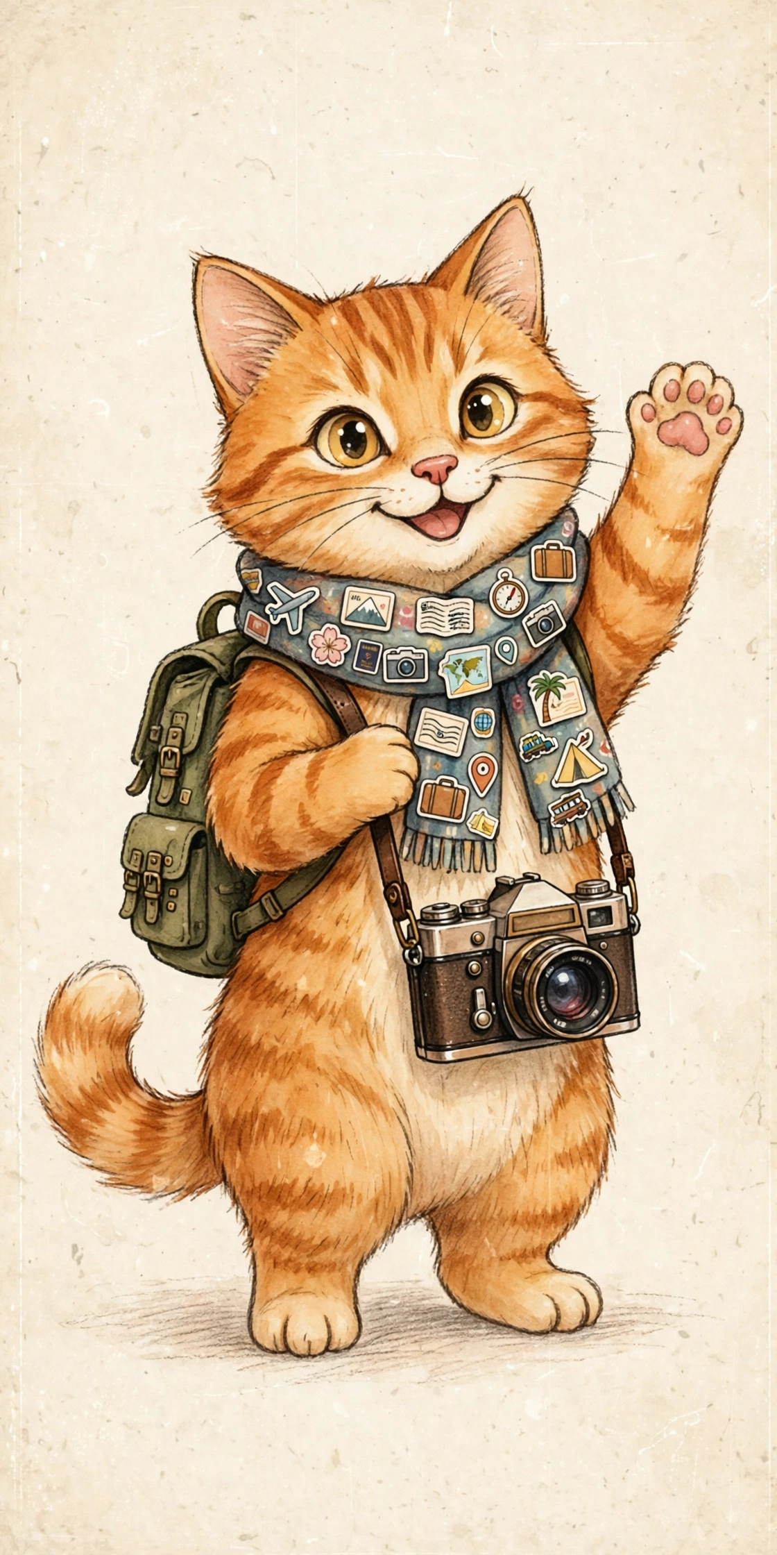 Gigglefeet, an orange tabby cat photographer waving hello, wearing a sticker-covered scarf and a film camera